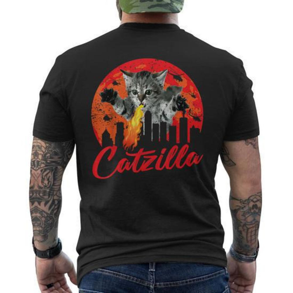 Japanese Catzilla Sunset Black Cat Monster Manga Anime T Shirt Back Print